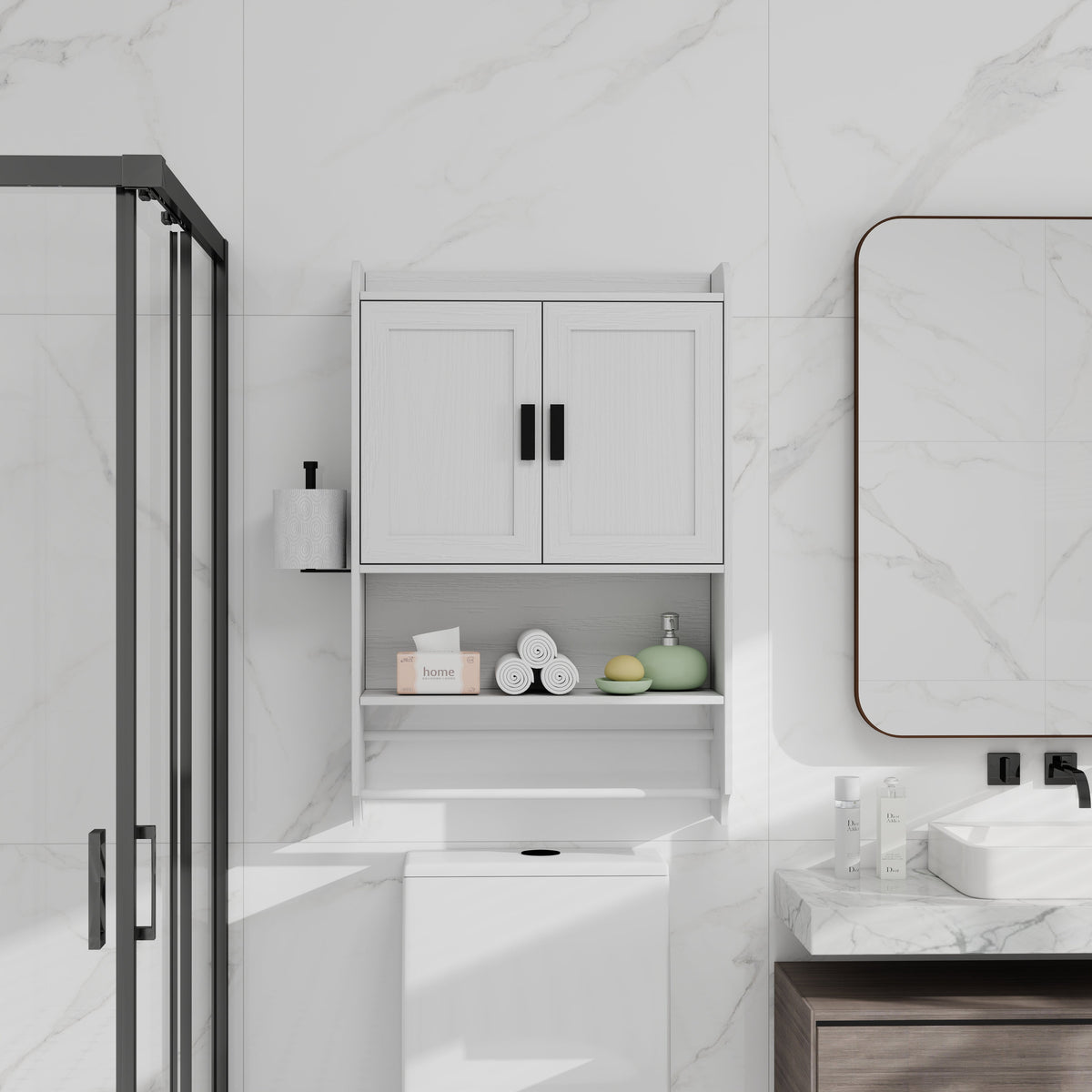 Bathroom Wall Cabinet with Towel Bar and Paper Holder