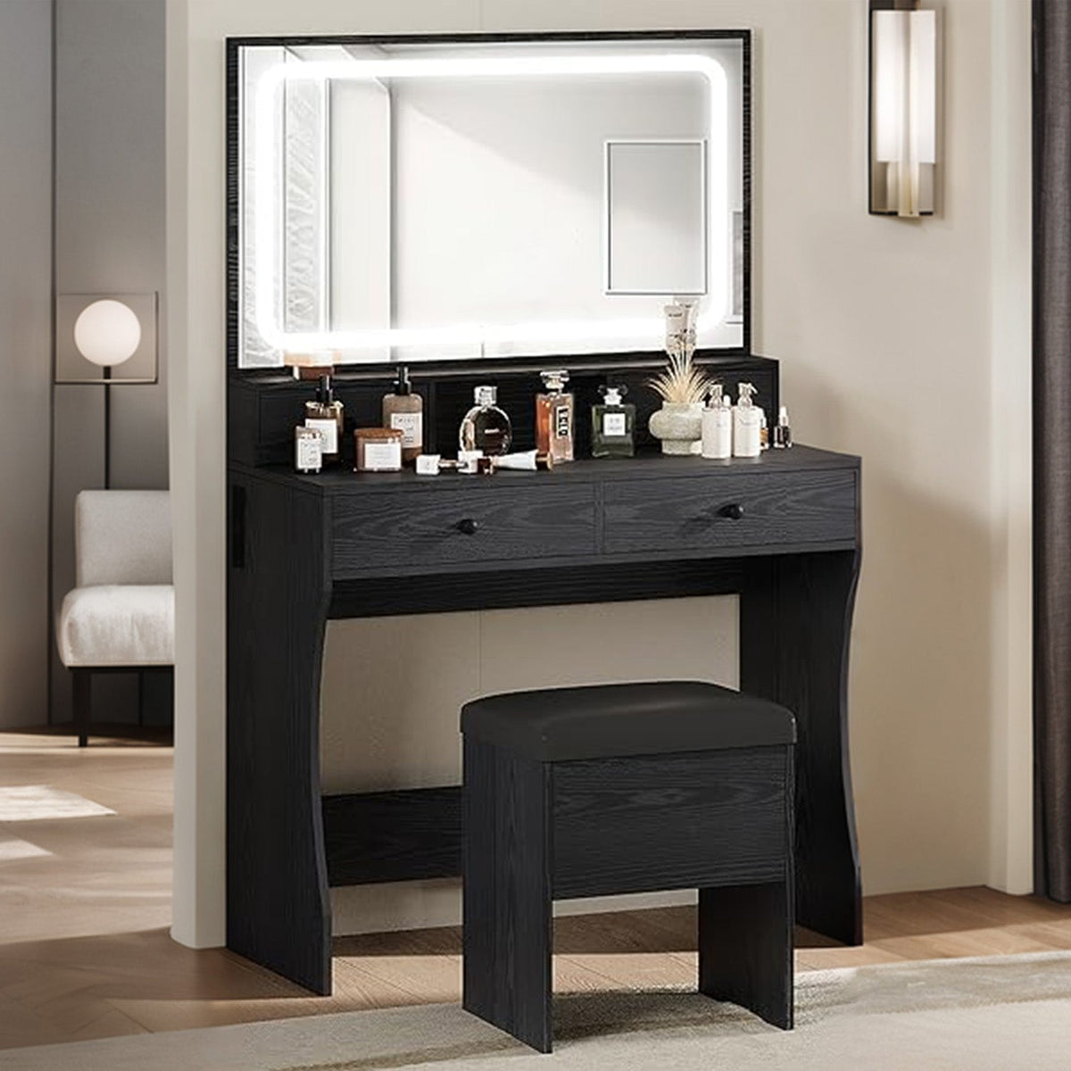 Vanity Desk Set with LED Mirror and Storage Stool