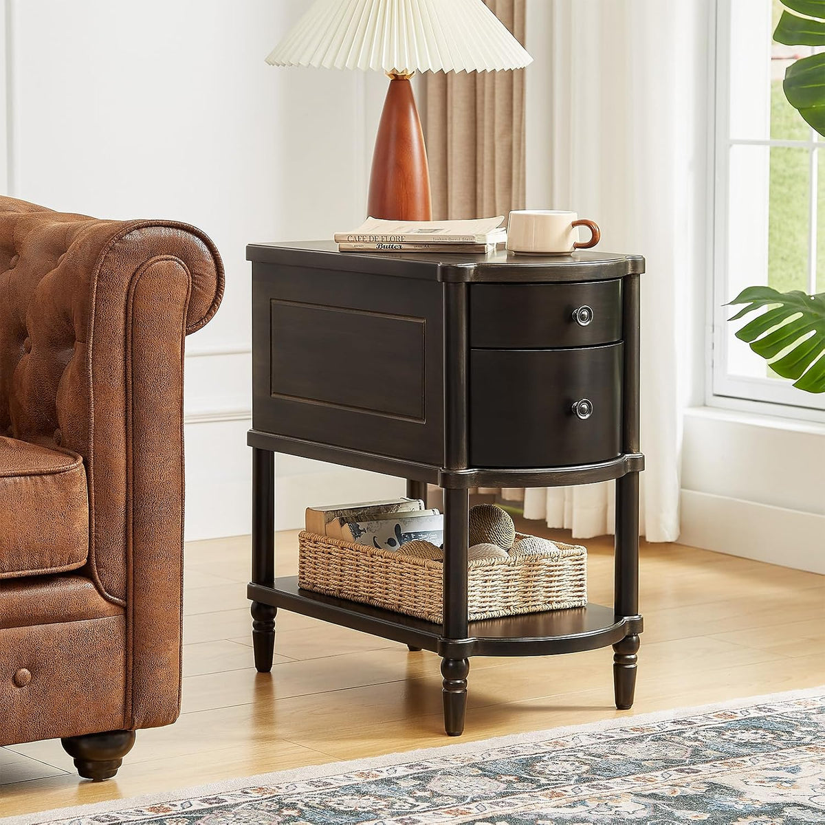 Narrow Vintage Nightstand with 2 Drawers, Pre-Assembled