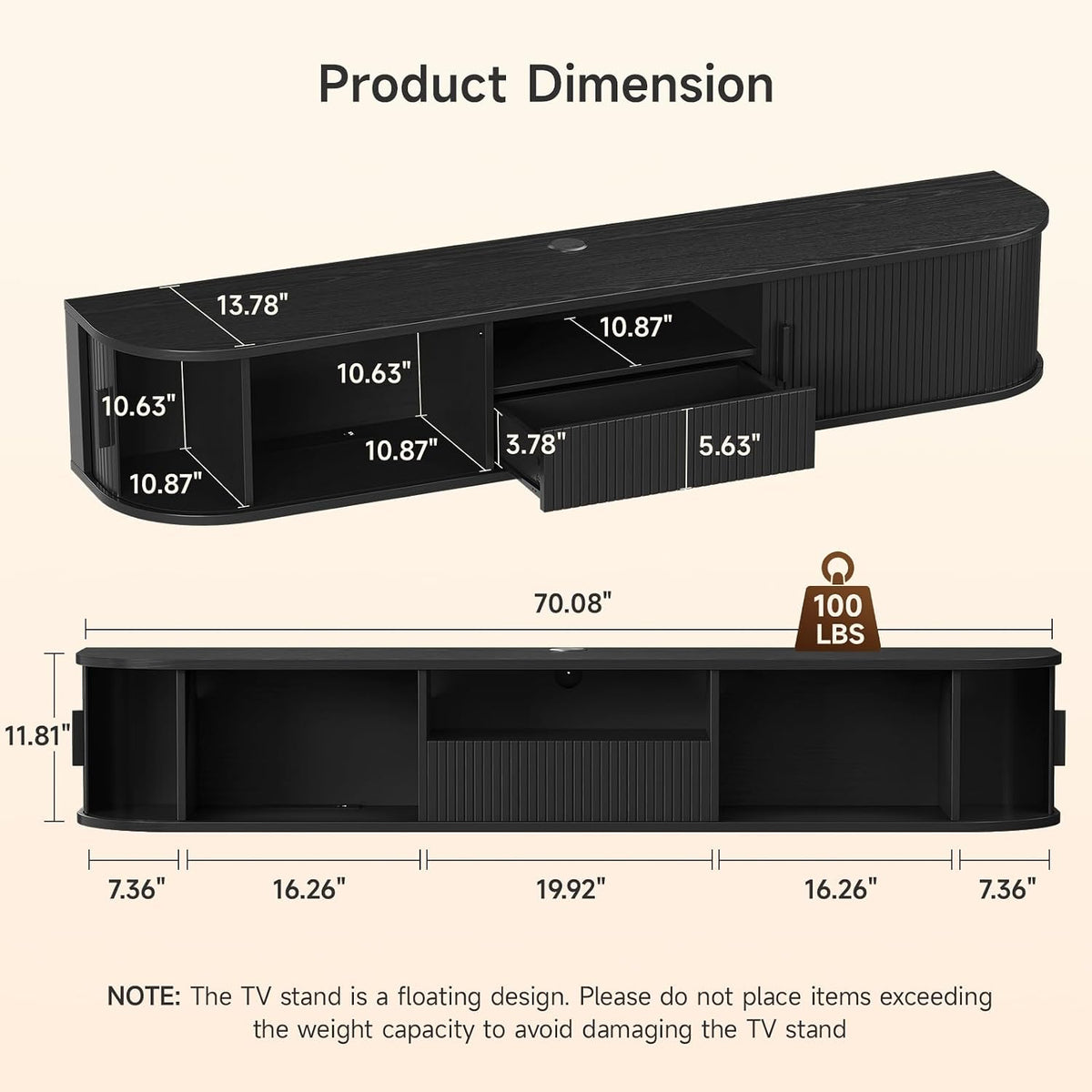 70 Inch Floating TV Stand with LED Lights and Drawer
