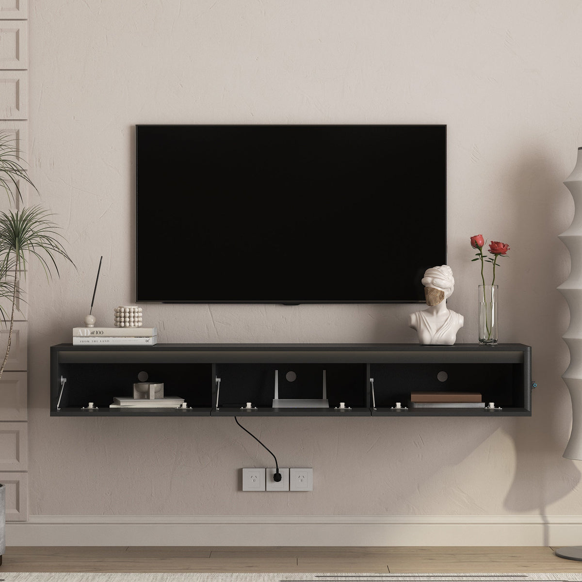 Floating TV Stand with LED Lights and Power Outlet
