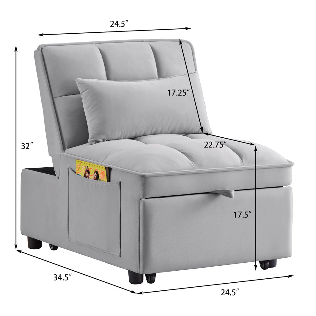4-in-1 Single Sofa Bed with Storage Pockets, Gray