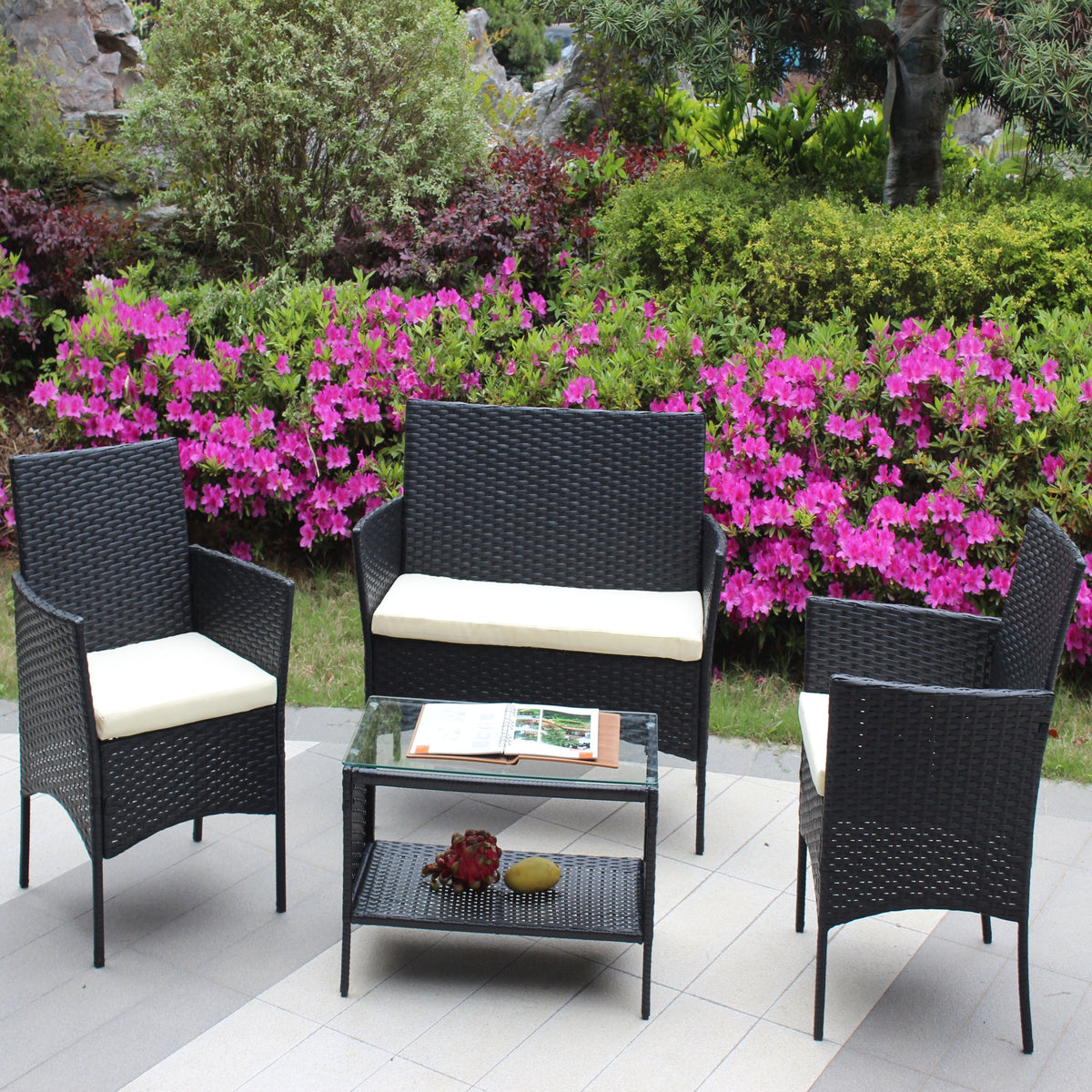 4-Piece Rattan Patio Furniture Set with Cushions