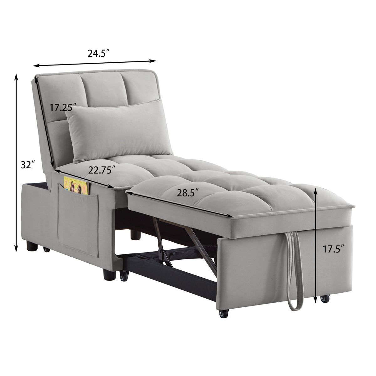 4-in-1 Single Sofa Bed with Storage Pockets, Gray