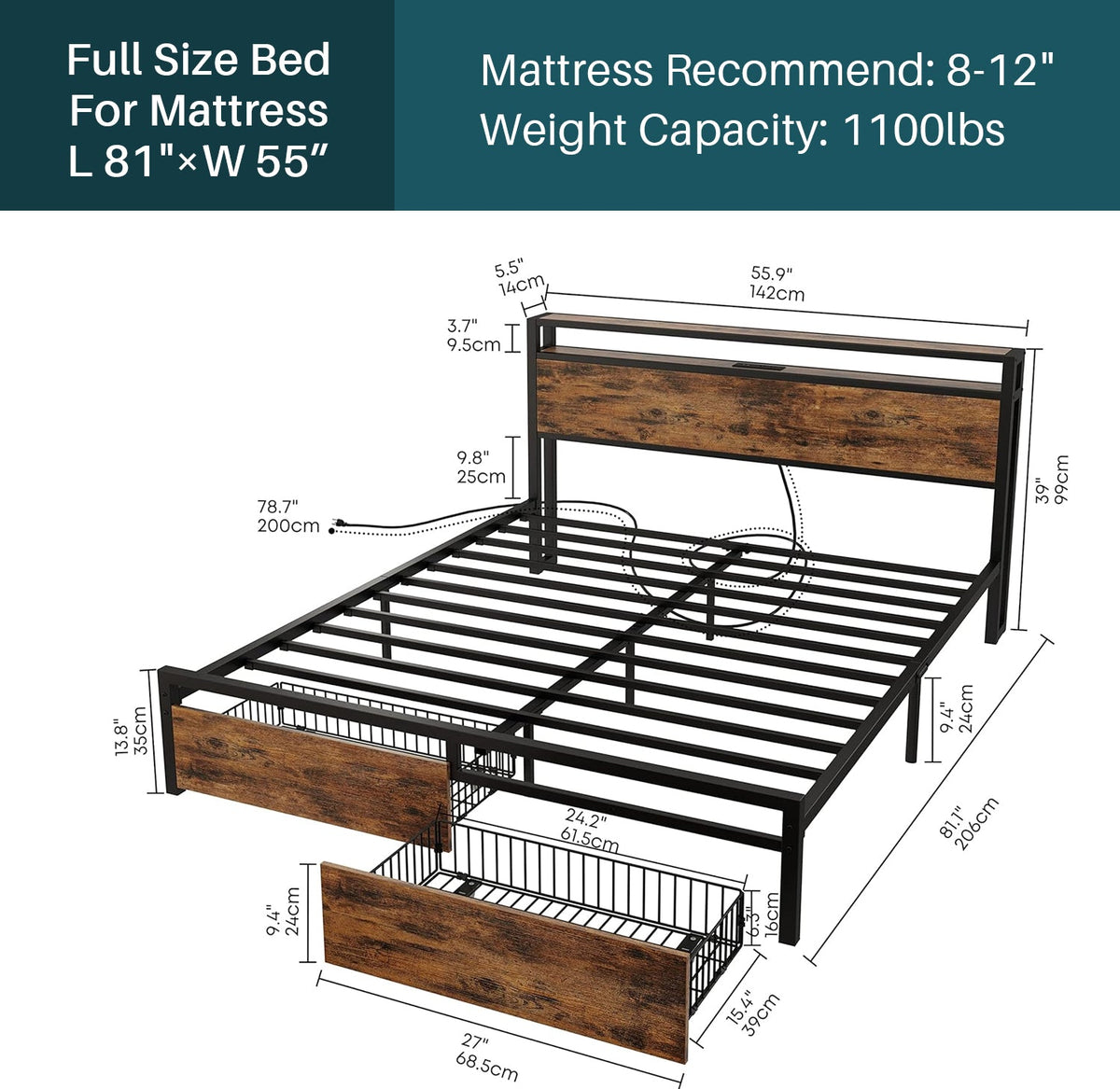 Storage Headboard Bed Frame with Charging Station