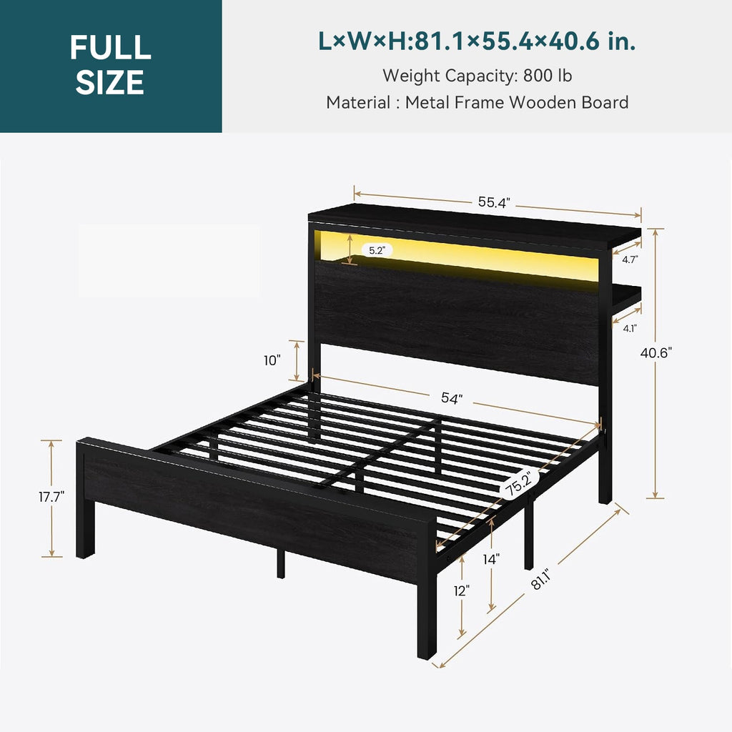 Wood and Metal Platform Bed with LED Storage Headboard