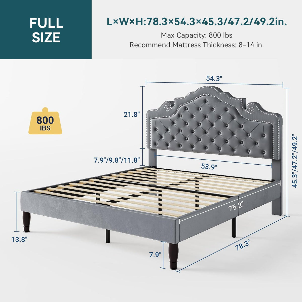 Button Tufted Velvet Platform Bed, Adjustable Headboard