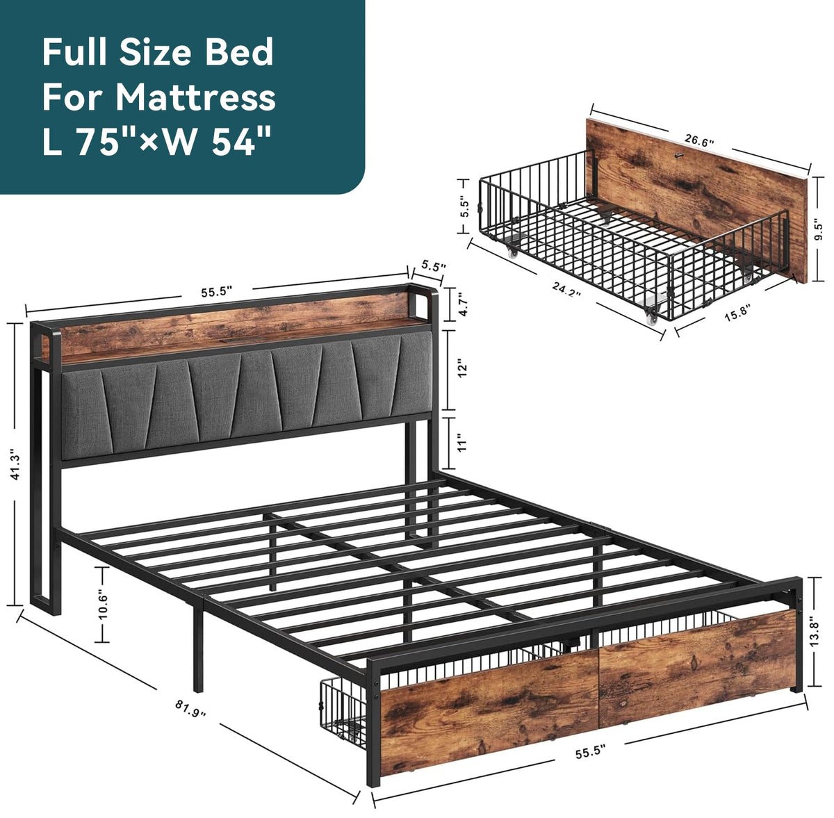 Platform Bed with Storage Headboard and Charging Station