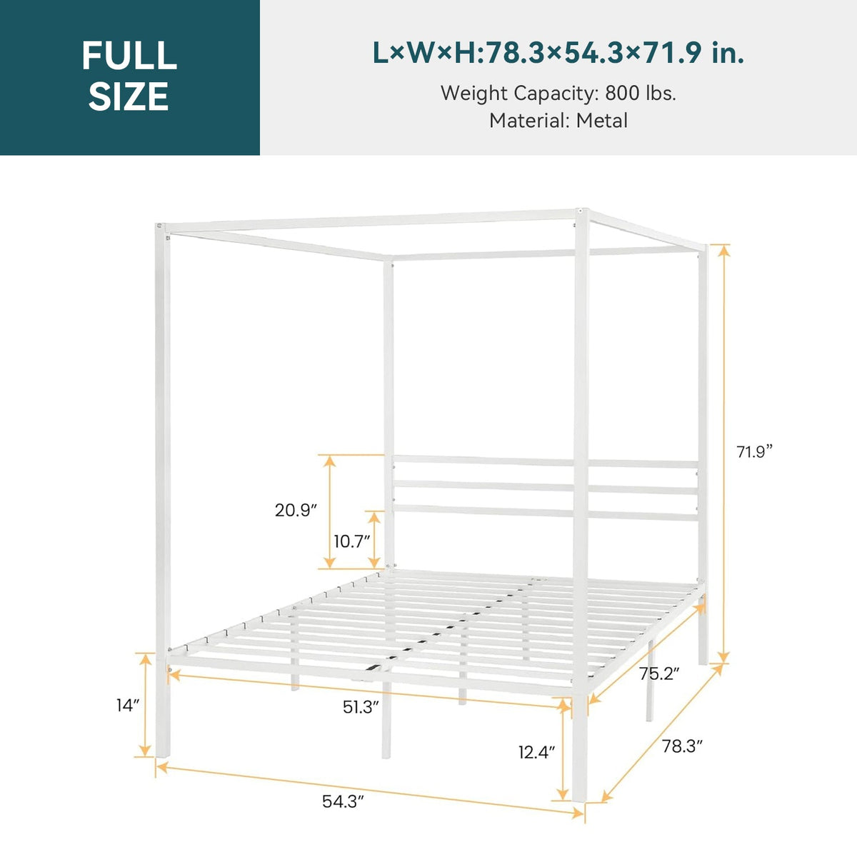 Canopy Bed Frame with Heavy-Duty Metal Slats