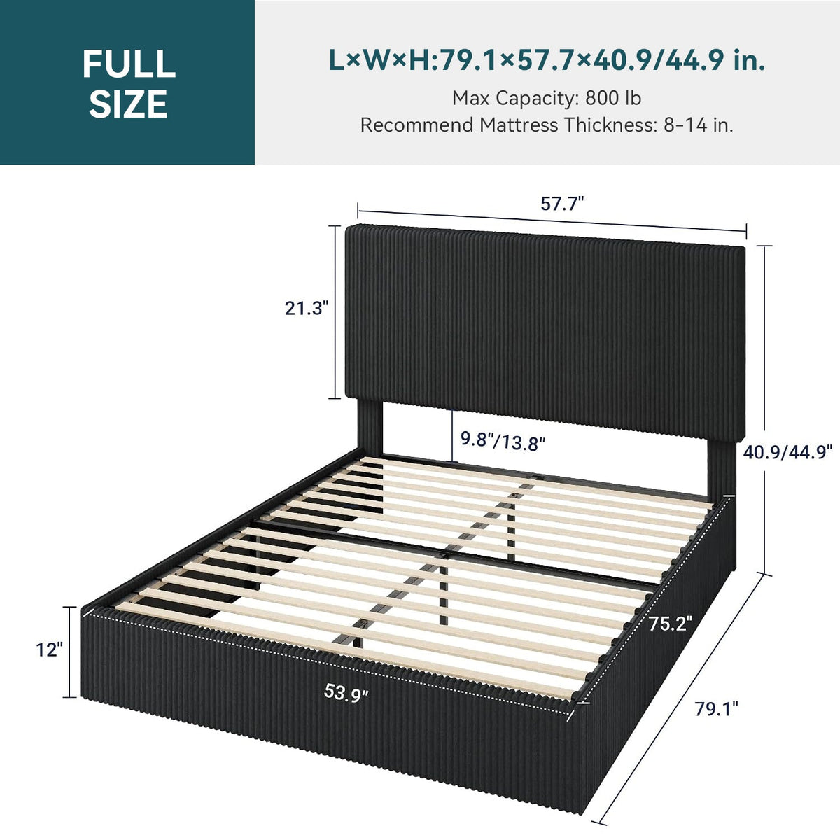 Corduroy Platform Bed Frame with Channel Tufted Headboard