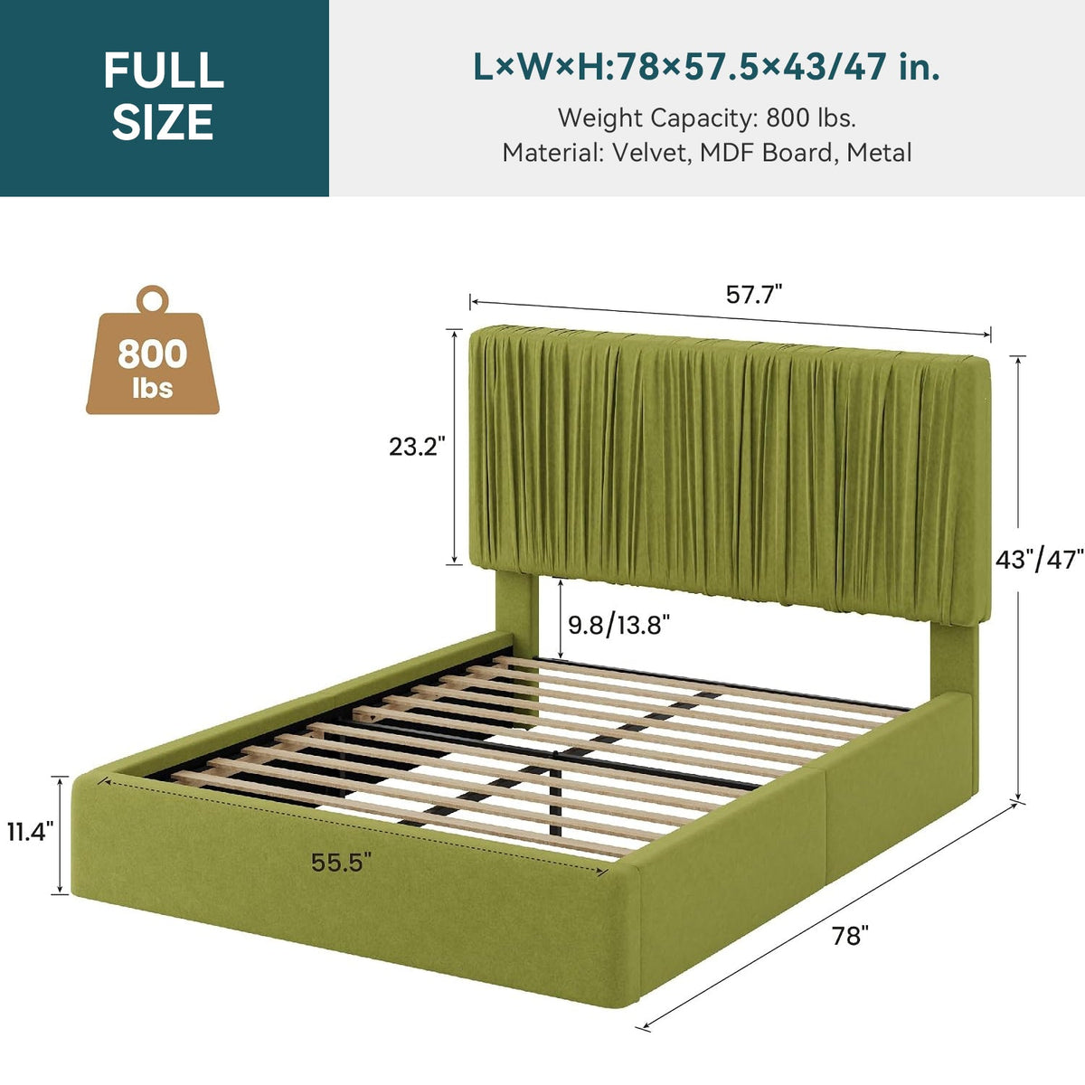 Velvet Floor Platform Bed with Pleated Headboard
