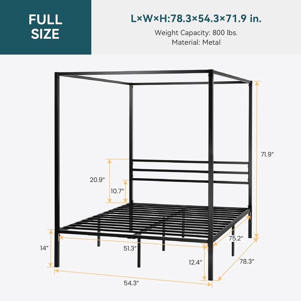 Canopy Bed Frame with Heavy-Duty Metal Slats