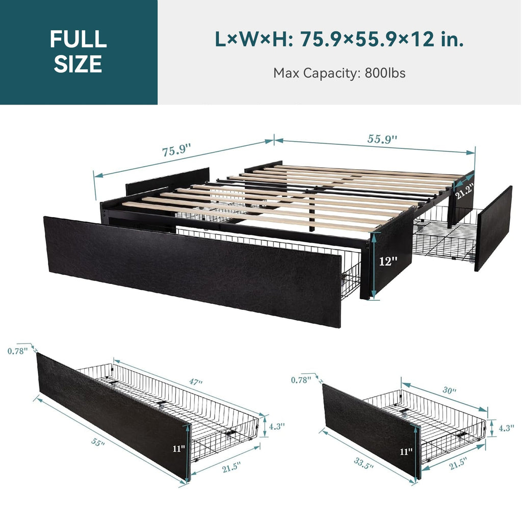 Faux Leather Platform Bed Frame with 3 Storage Drawers