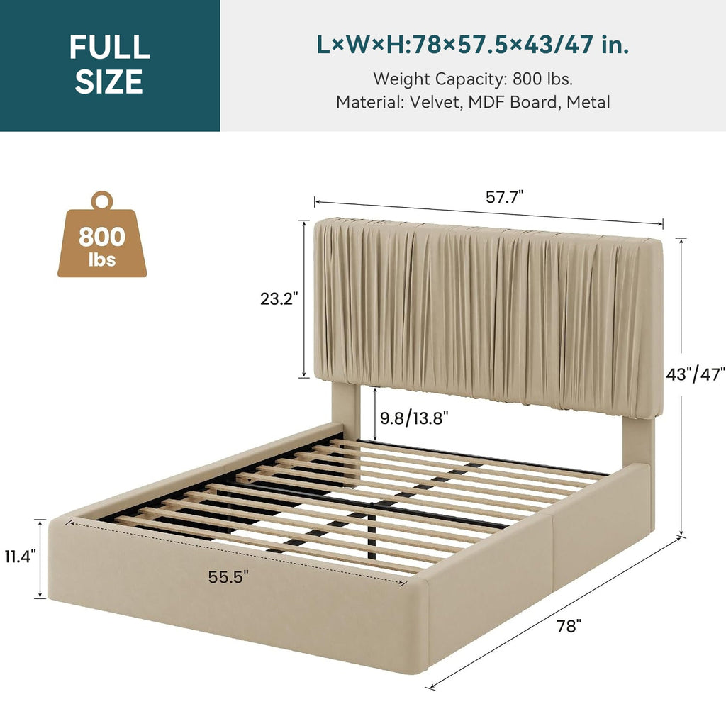 Velvet Floor Platform Bed with Pleated Headboard