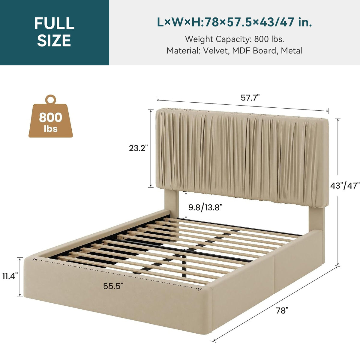 Velvet Floor Platform Bed with Pleated Headboard