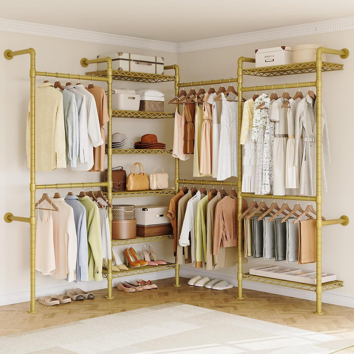 Wall Mounted Closet System with 4 Rods and 8 Shelves