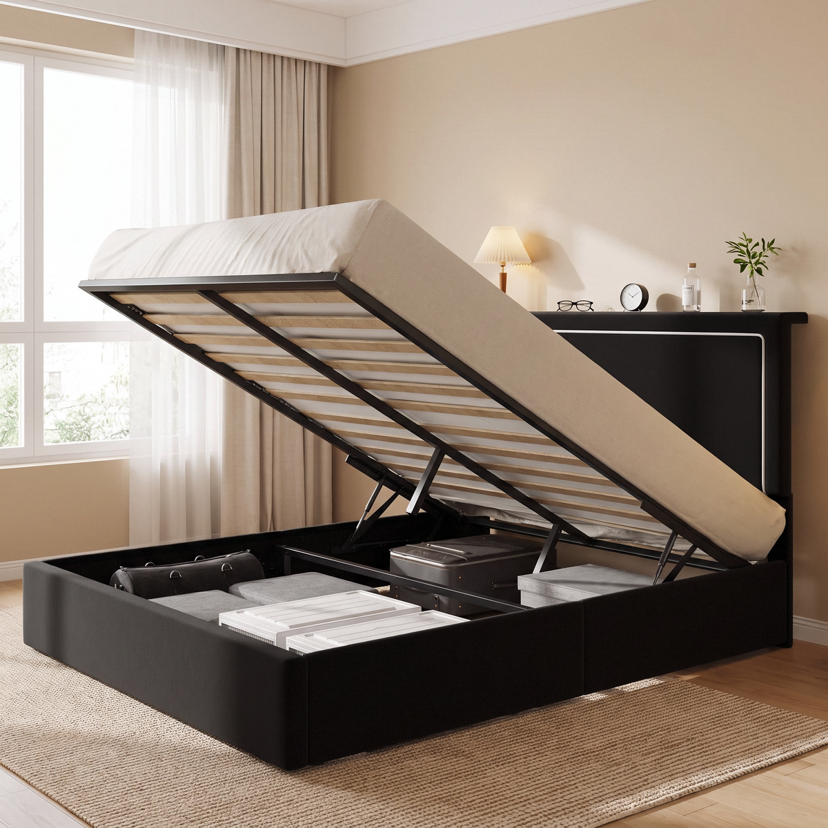 Lift Up Storage Bed with LED Lights and Charging Station