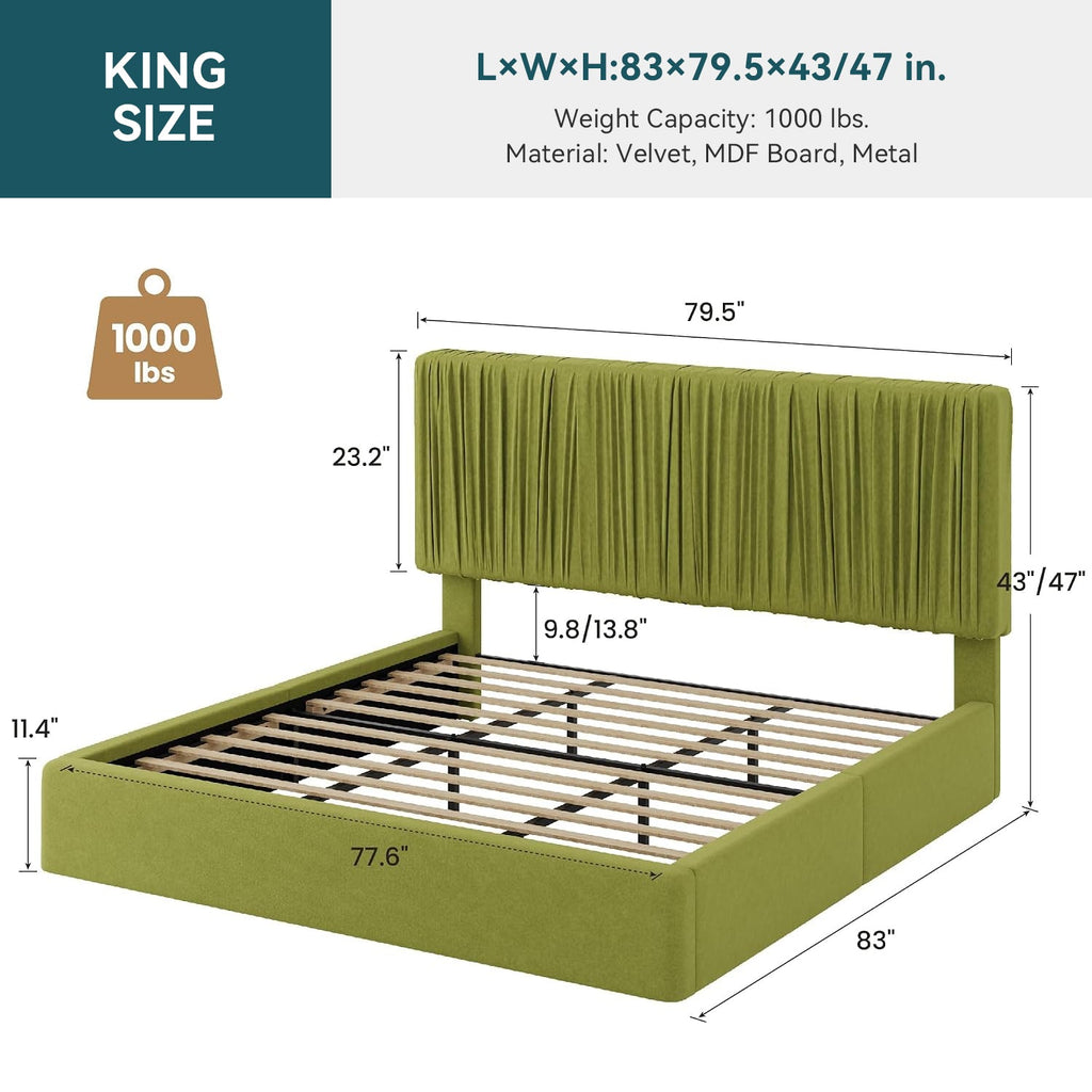 Velvet Floor Platform Bed with Pleated Headboard