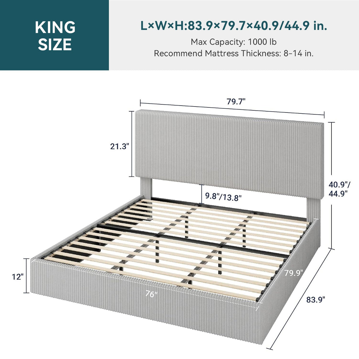 Corduroy Platform Bed Frame with Channel Tufted Headboard