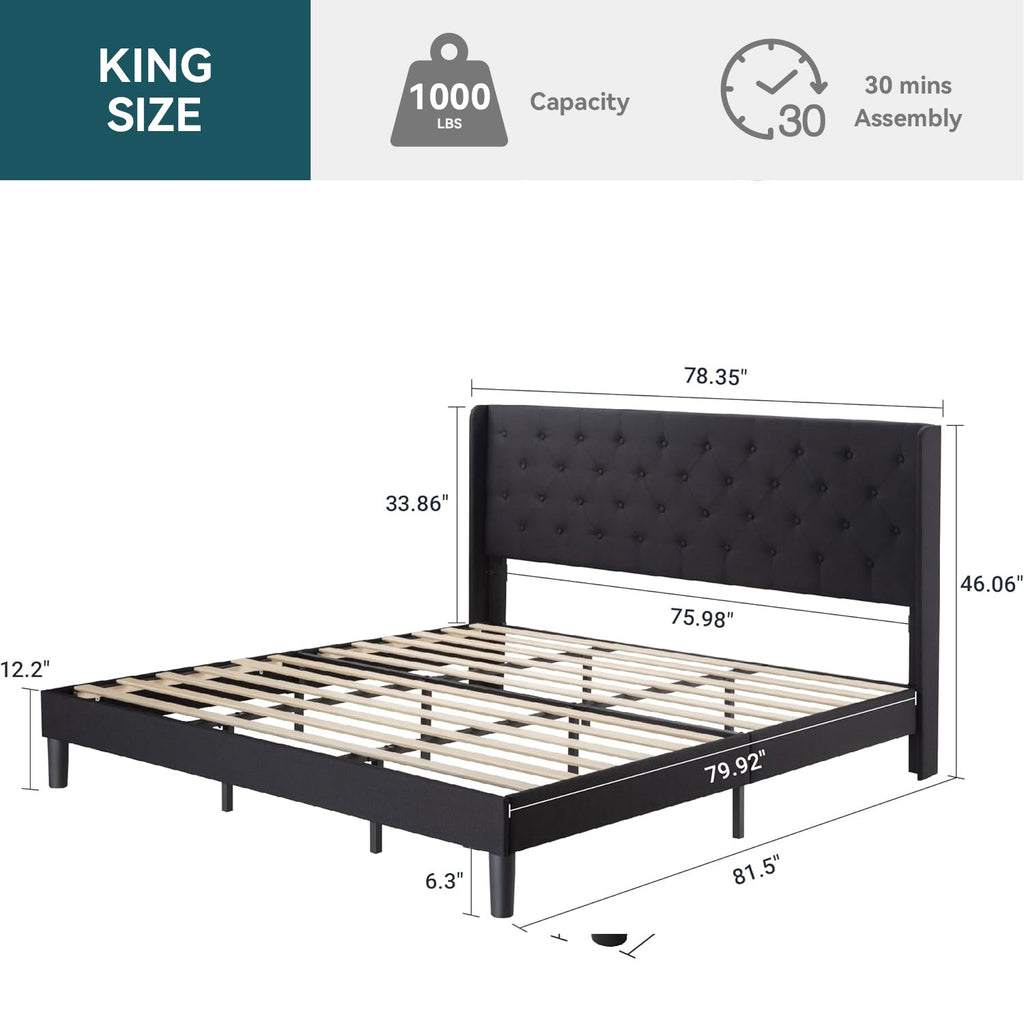 Upholstered Platform Bed with Tufted Wingback Headboard