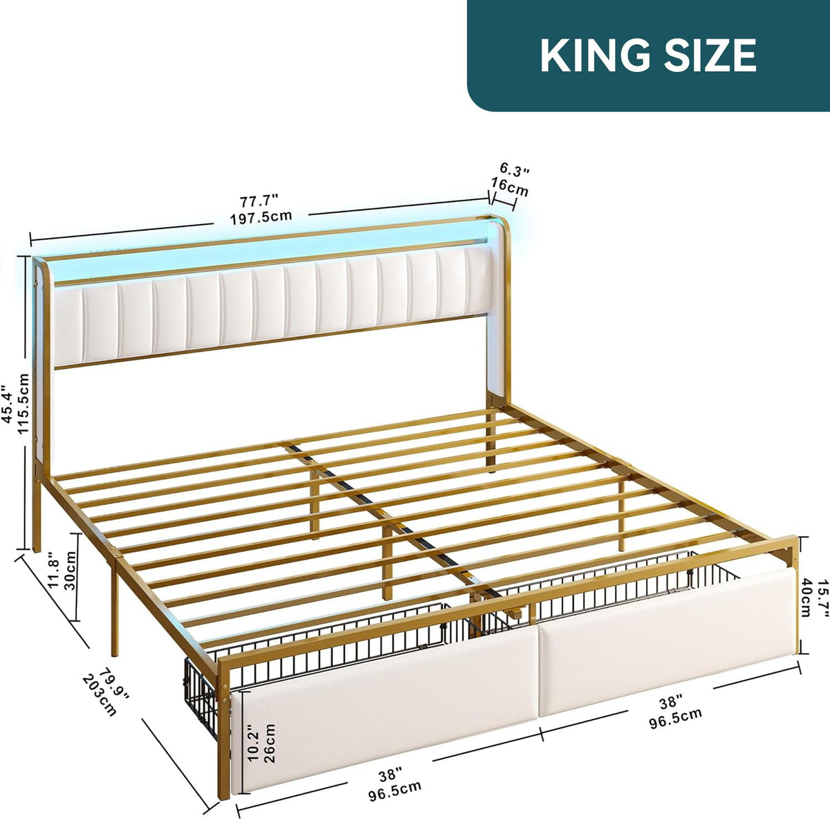 Upholstered Bed Frame with RGB Light and Drawers