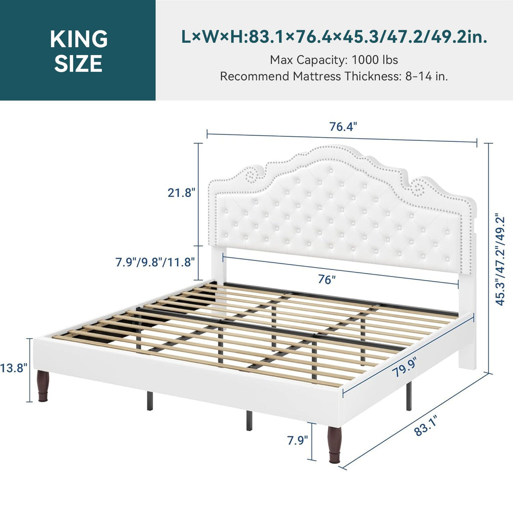 Button Tufted Velvet Platform Bed, Adjustable Headboard