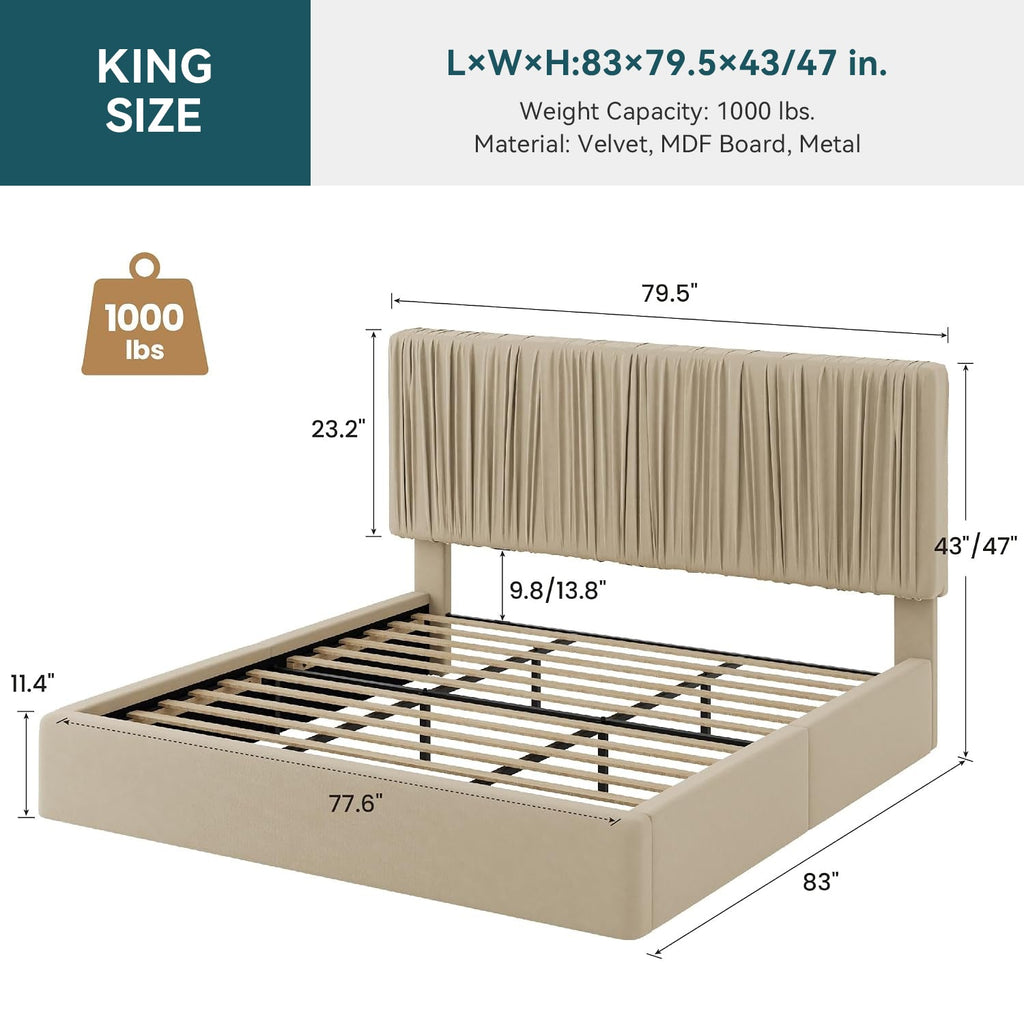 Velvet Floor Platform Bed with Pleated Headboard