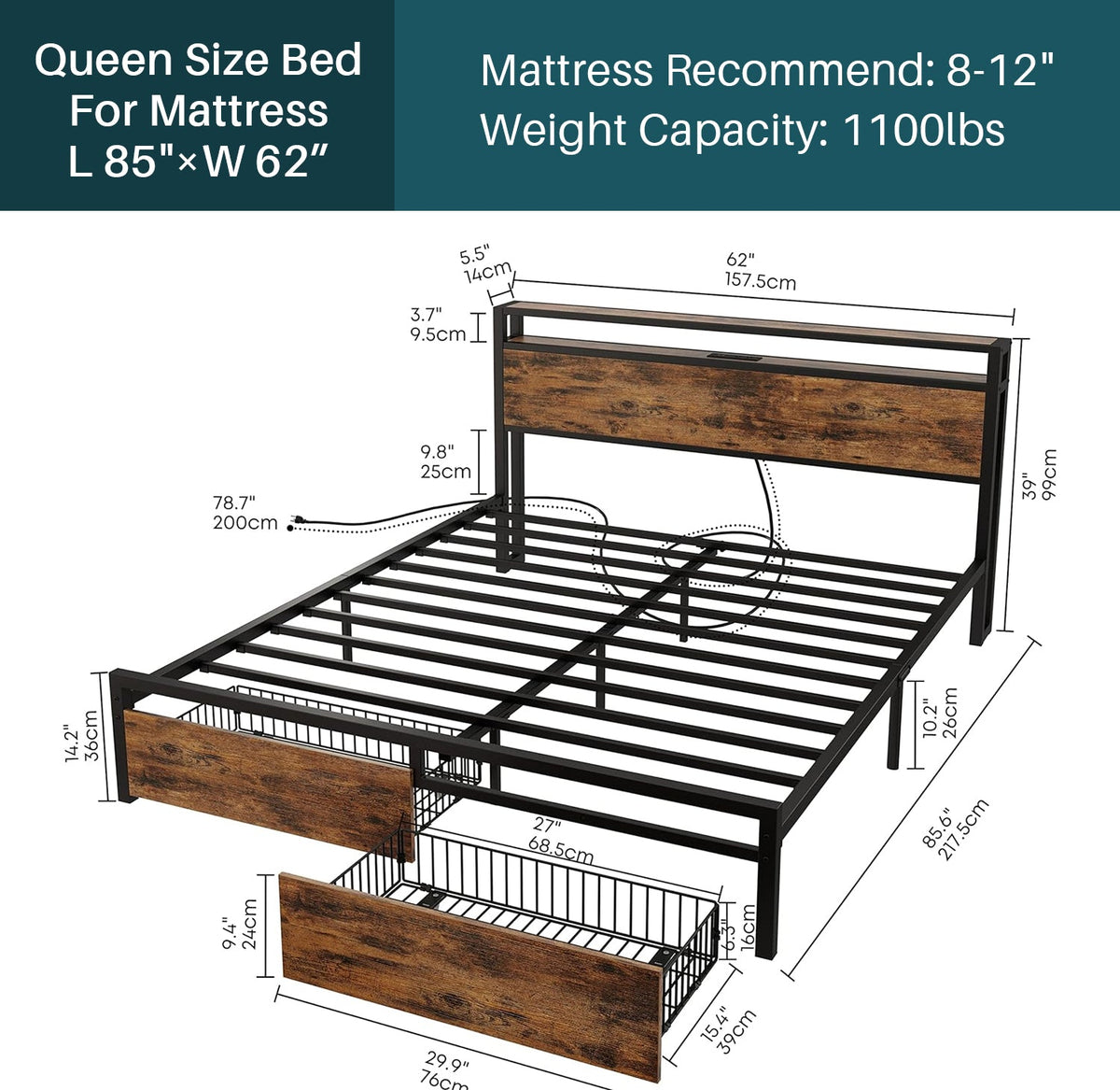 Storage Headboard Bed Frame with Charging Station