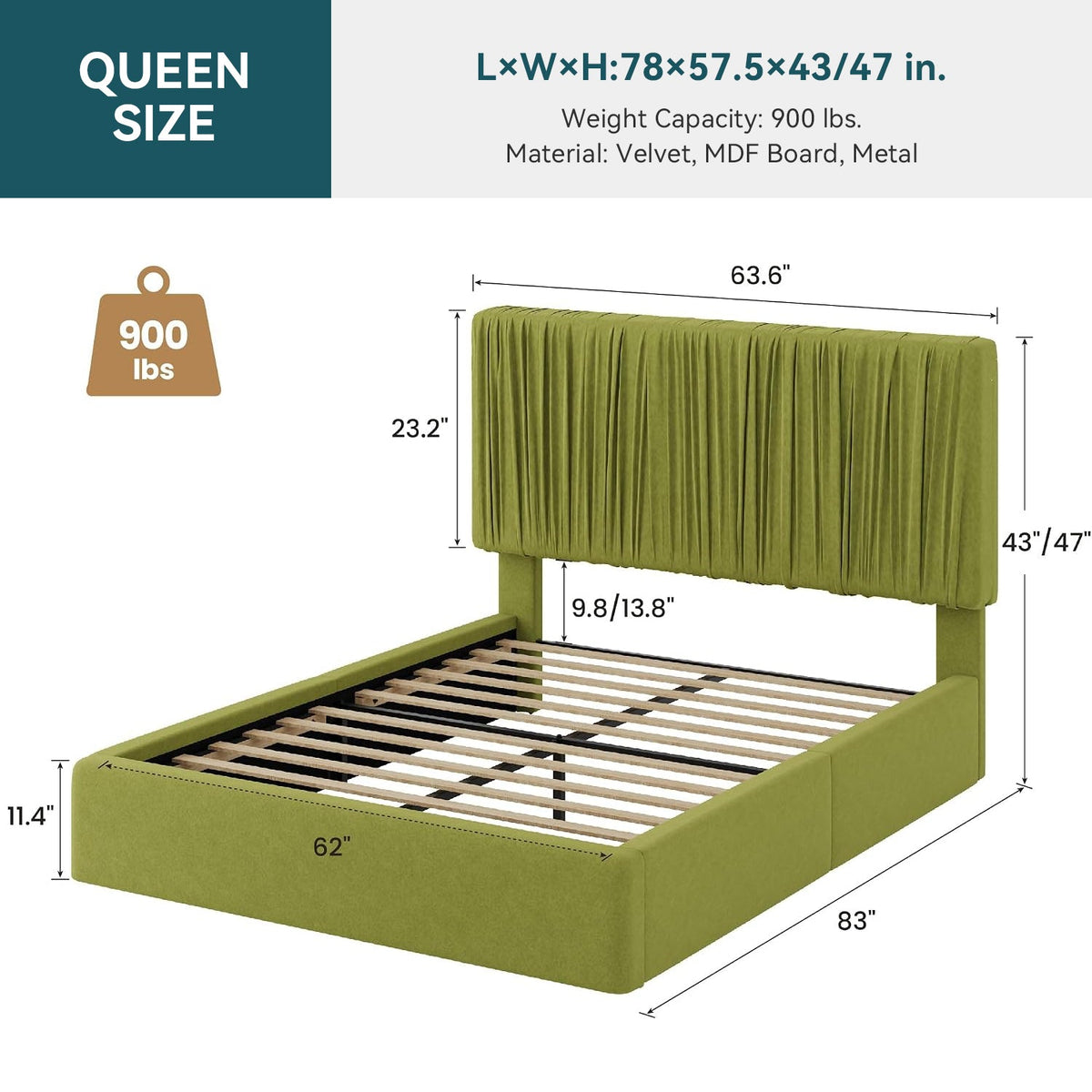 Velvet Floor Platform Bed with Pleated Headboard