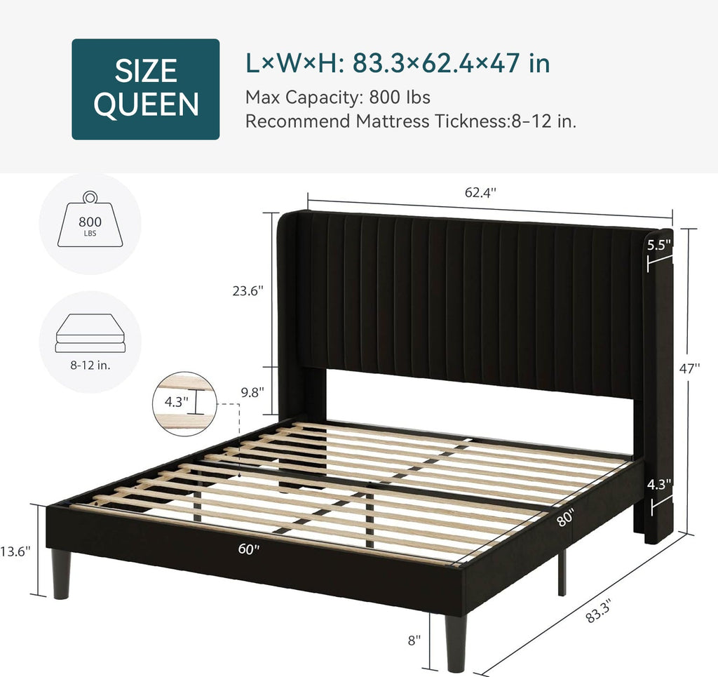 Velvet Platform Bed Frame with Tufted Headboard