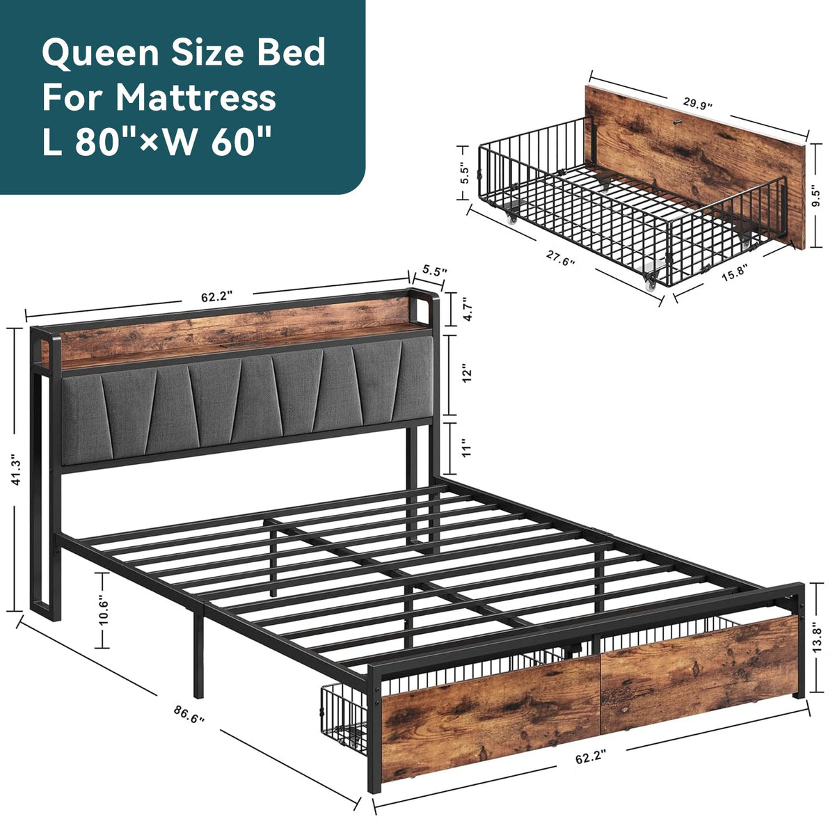 Platform Bed with Storage Headboard and Charging Station
