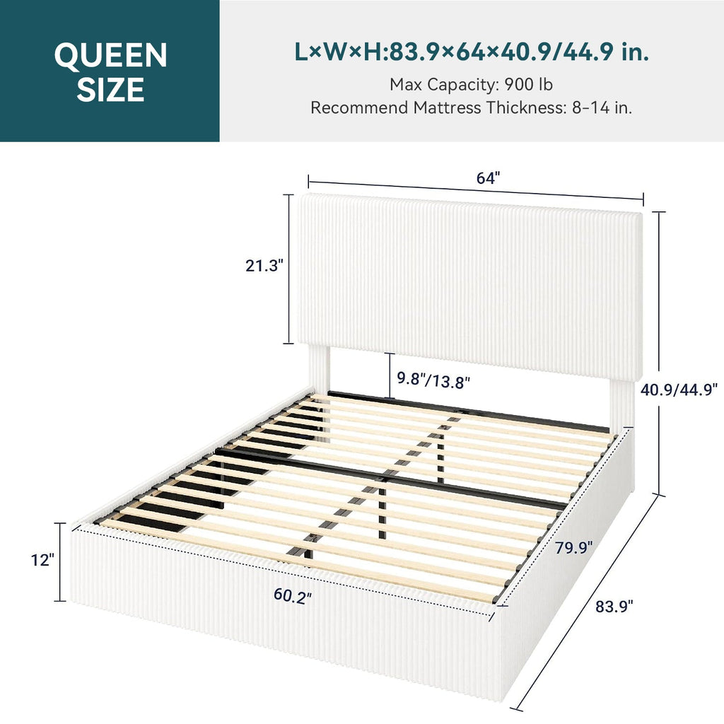 Corduroy Platform Bed Frame with Channel Tufted Headboard