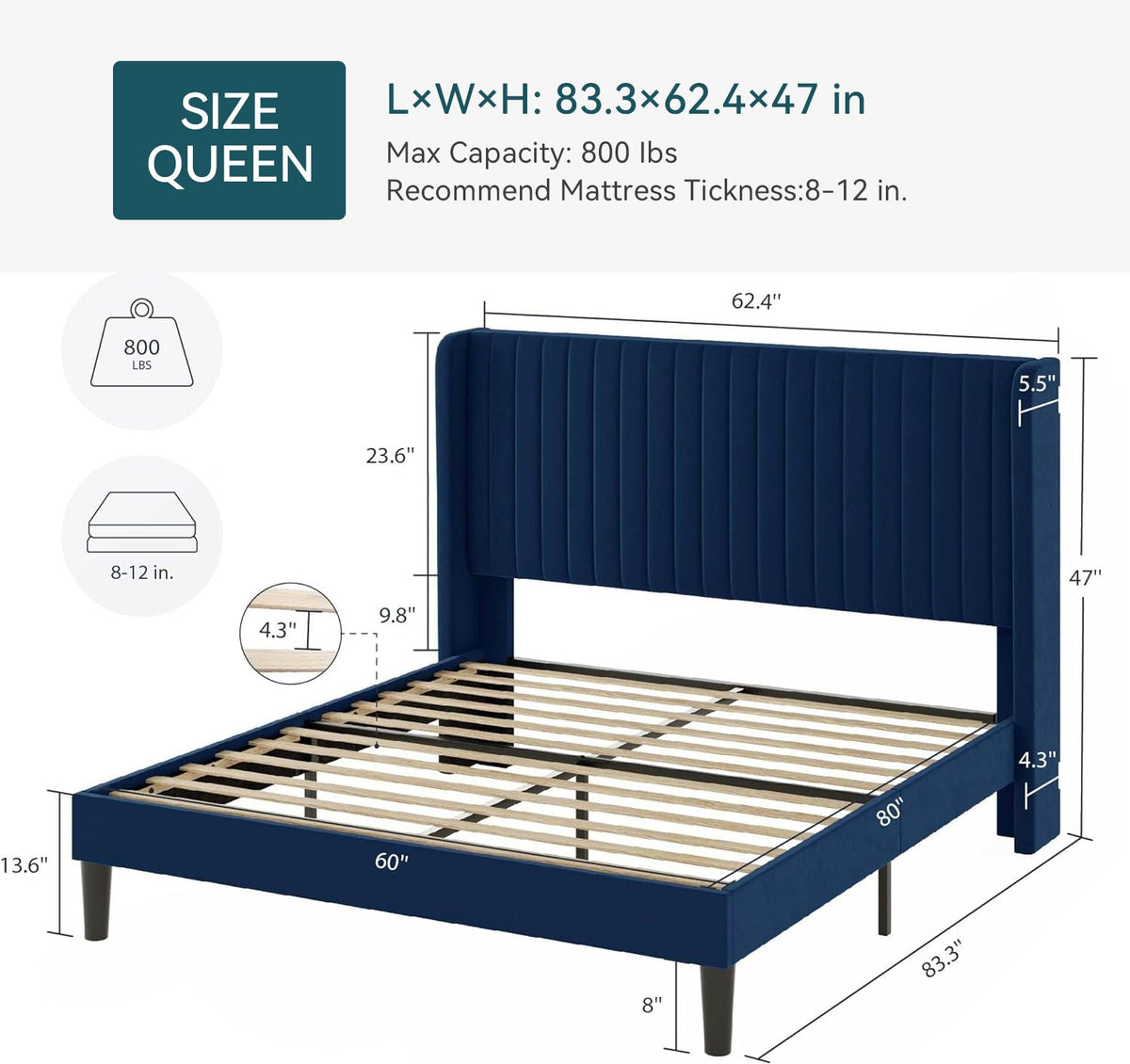 Velvet Platform Bed Frame with Tufted Headboard