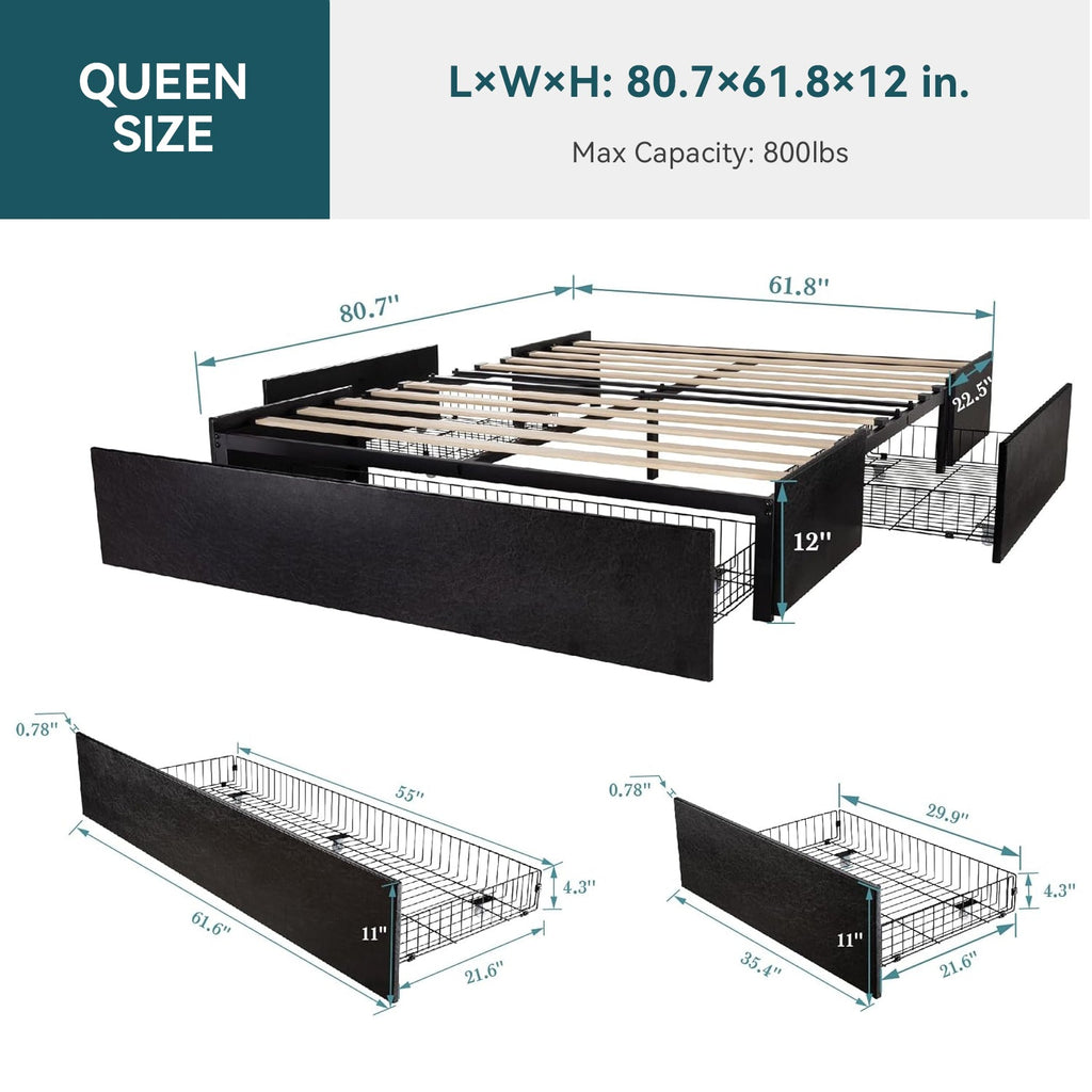 Faux Leather Platform Bed Frame with 3 Storage Drawers