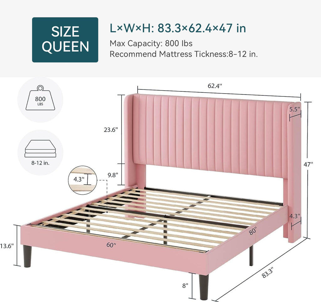 Velvet Platform Bed Frame with Tufted Headboard