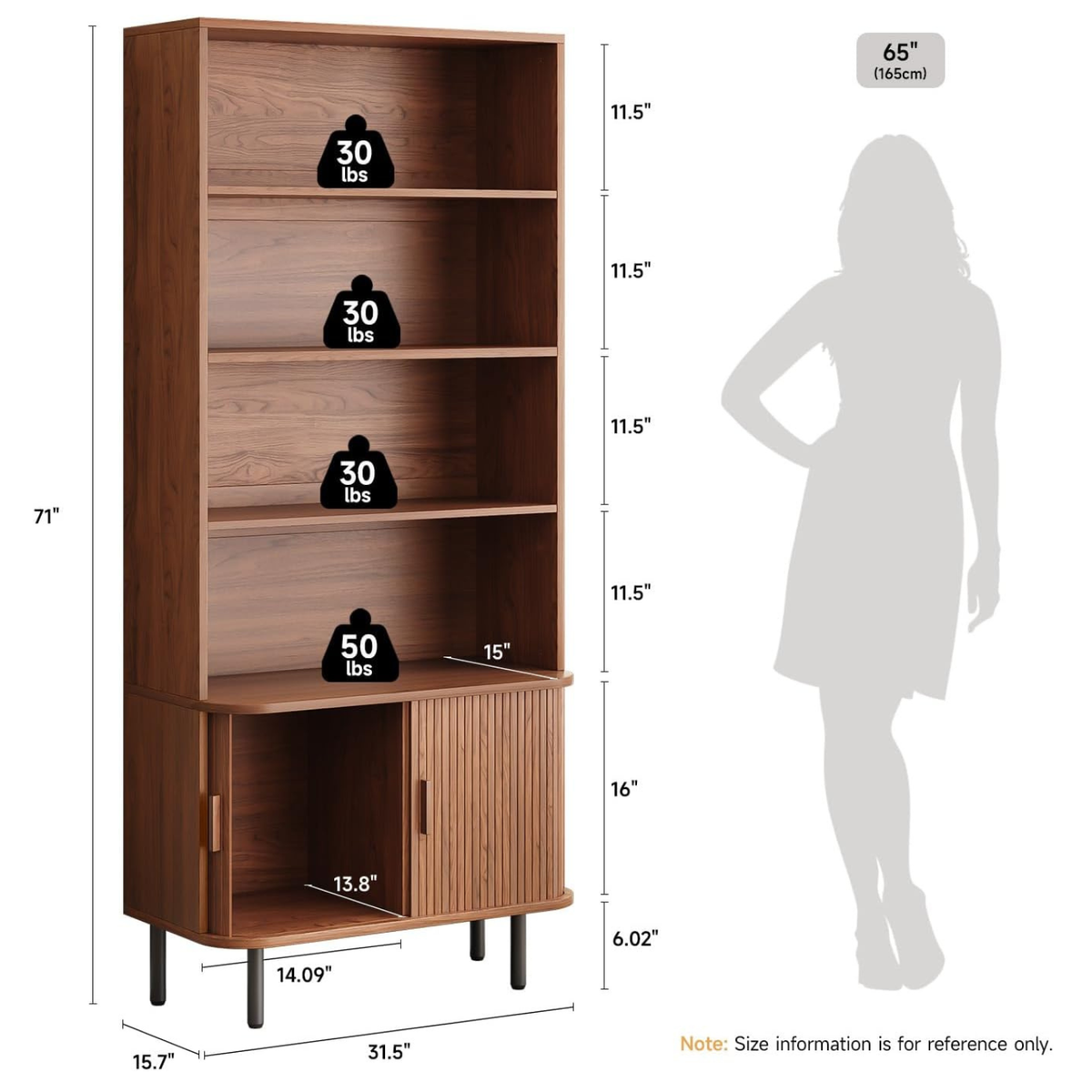 71 Inch 4-Tier Tall Bookcase with Sliding Door Cabinet