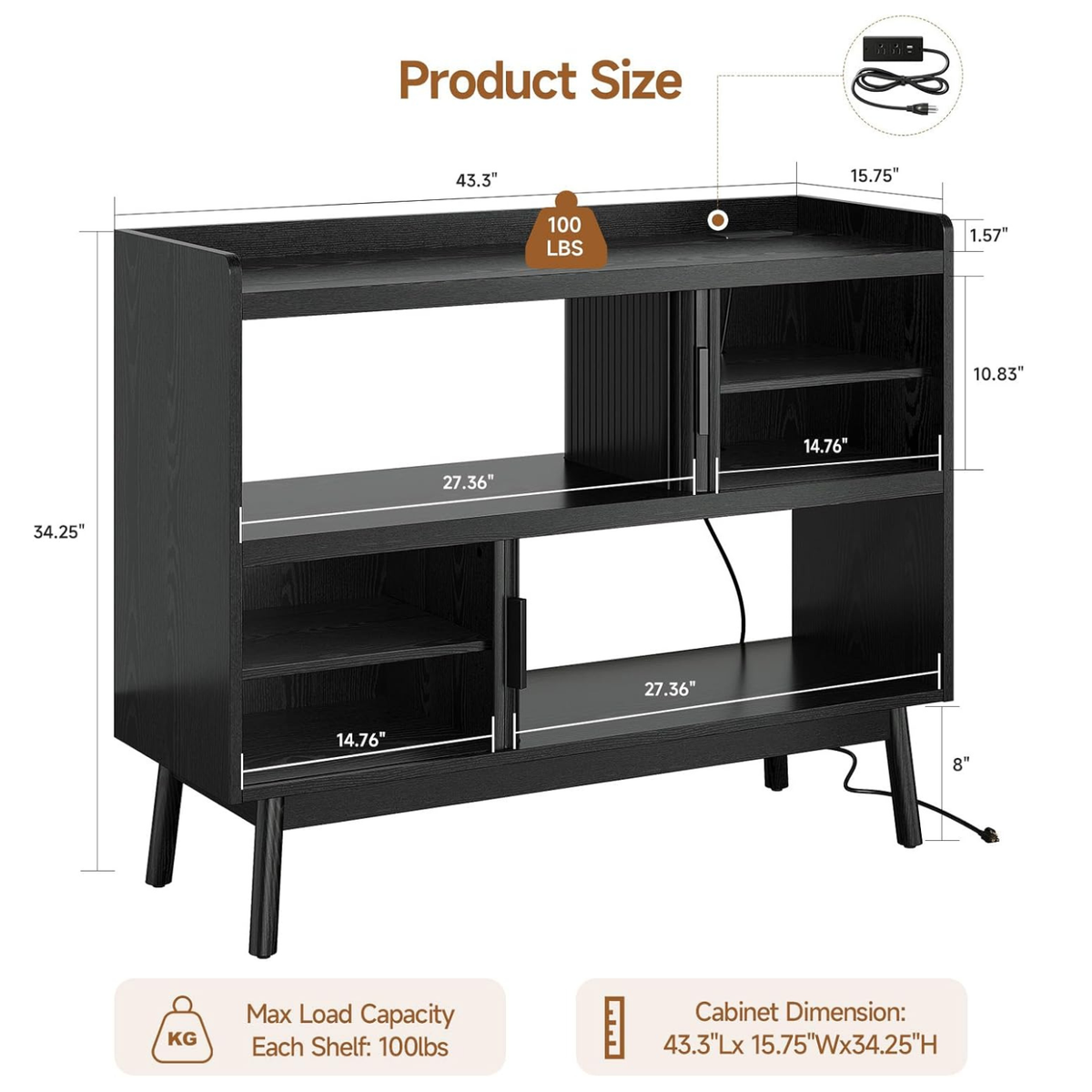 43-Inch Sideboard Buffet with Built-In Power Station