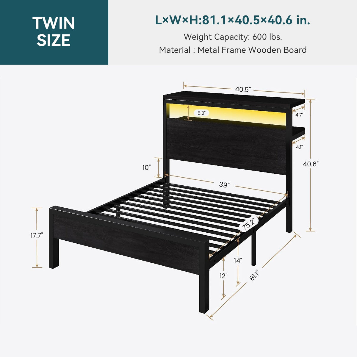 Twin Platform Bed Frame with LED Storage Headboard