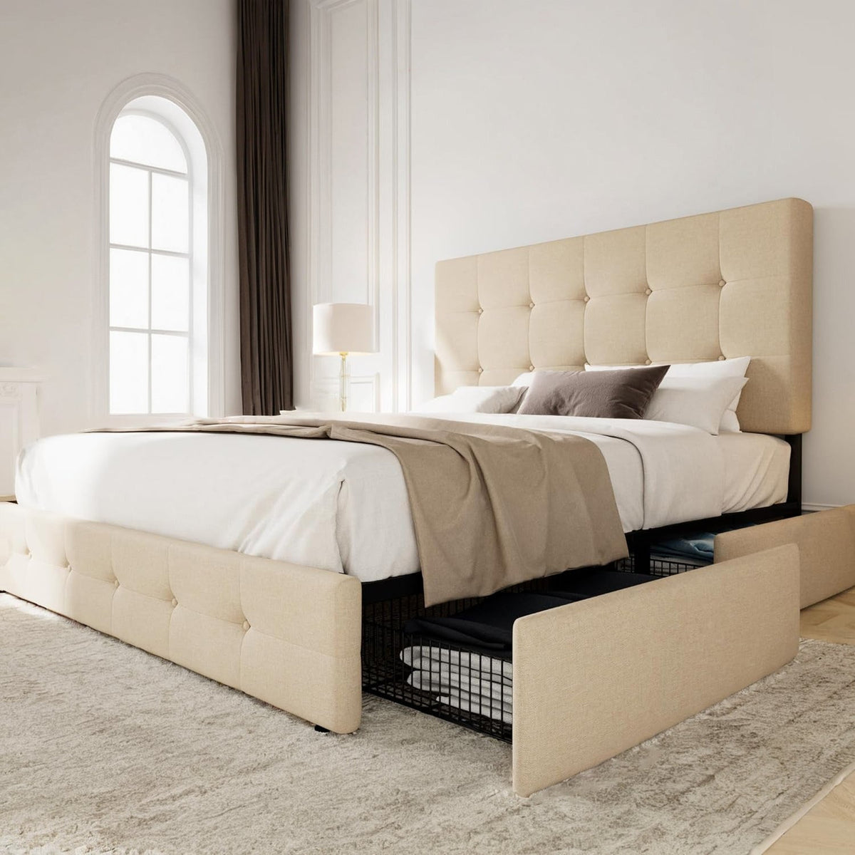Upholstered Bed Frame with 4 Drawers and Headboard
