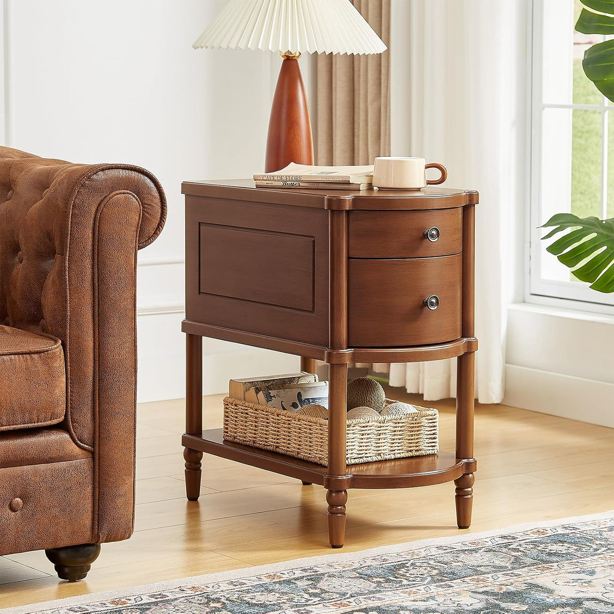 Narrow Vintage Nightstand with 2 Drawers, Pre-Assembled