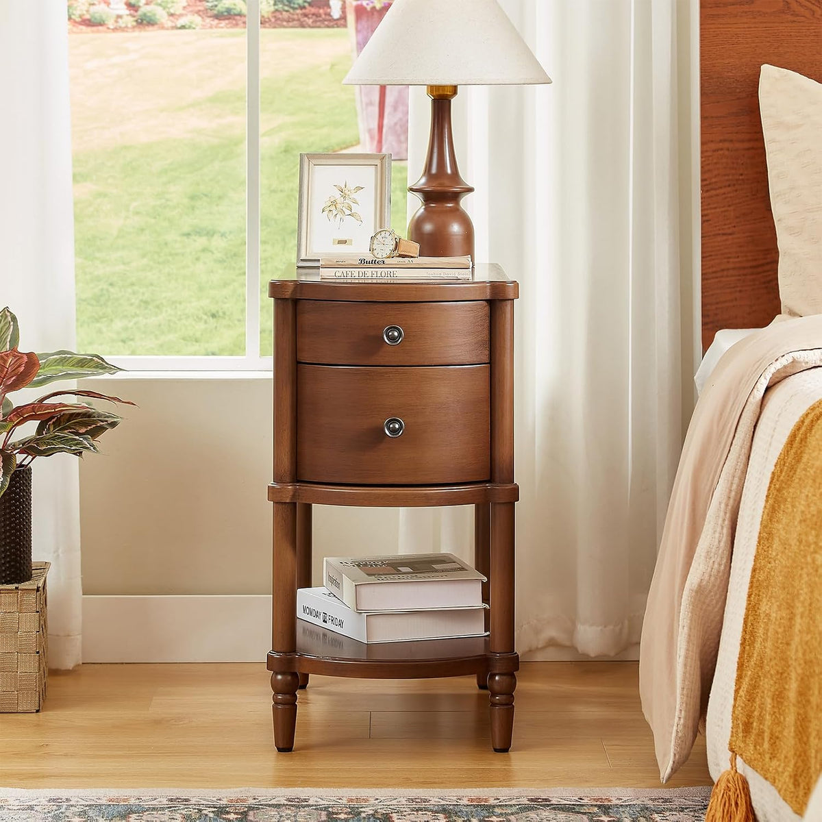 Narrow Vintage Nightstand with 2 Drawers, Pre-Assembled
