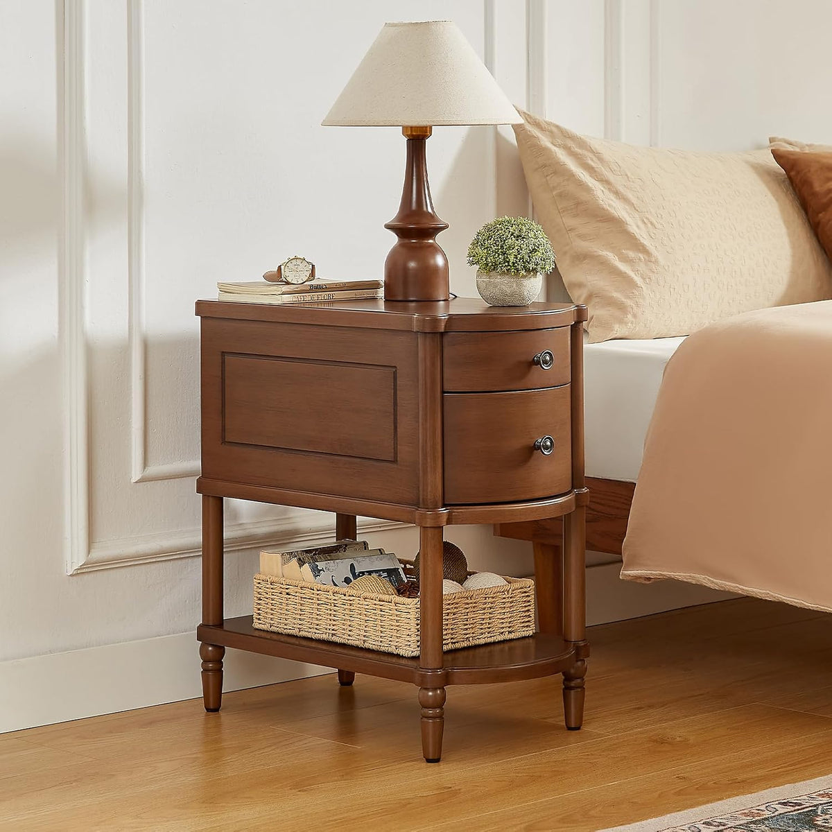 Narrow Vintage Nightstand with 2 Drawers, Pre-Assembled