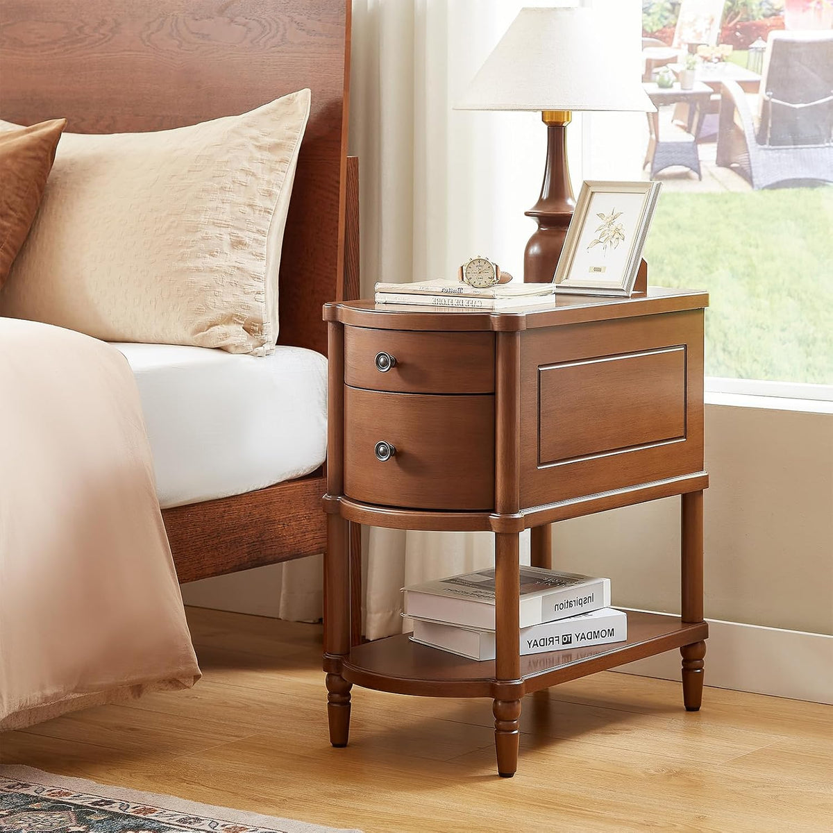 Narrow Vintage Nightstand with 2 Drawers, Pre-Assembled