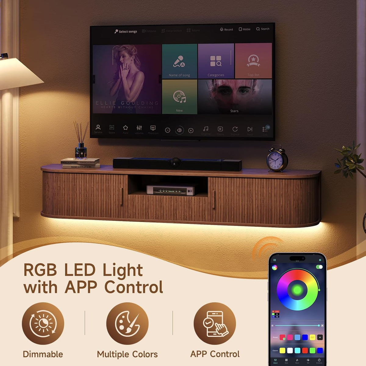 70 Inch Floating TV Stand with LED Lights and Drawer