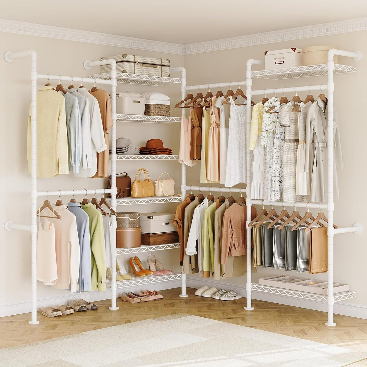 Wall Mounted Closet System with 4 Rods and 8 Shelves